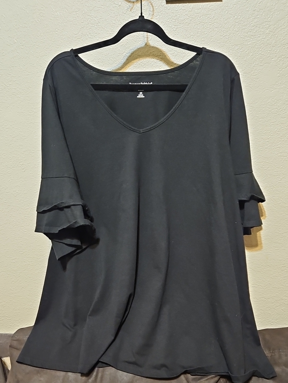 Woman Within Black V-Neck Ruffle Sleeve Tunic Top